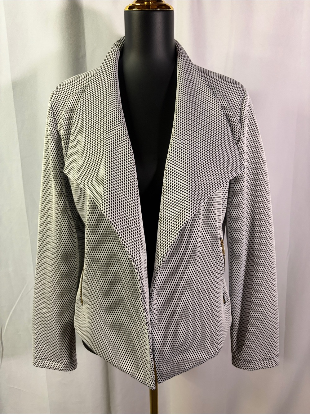 NWOT Calvin Klein Black & White Textured Draped Open Front Moto Jacket